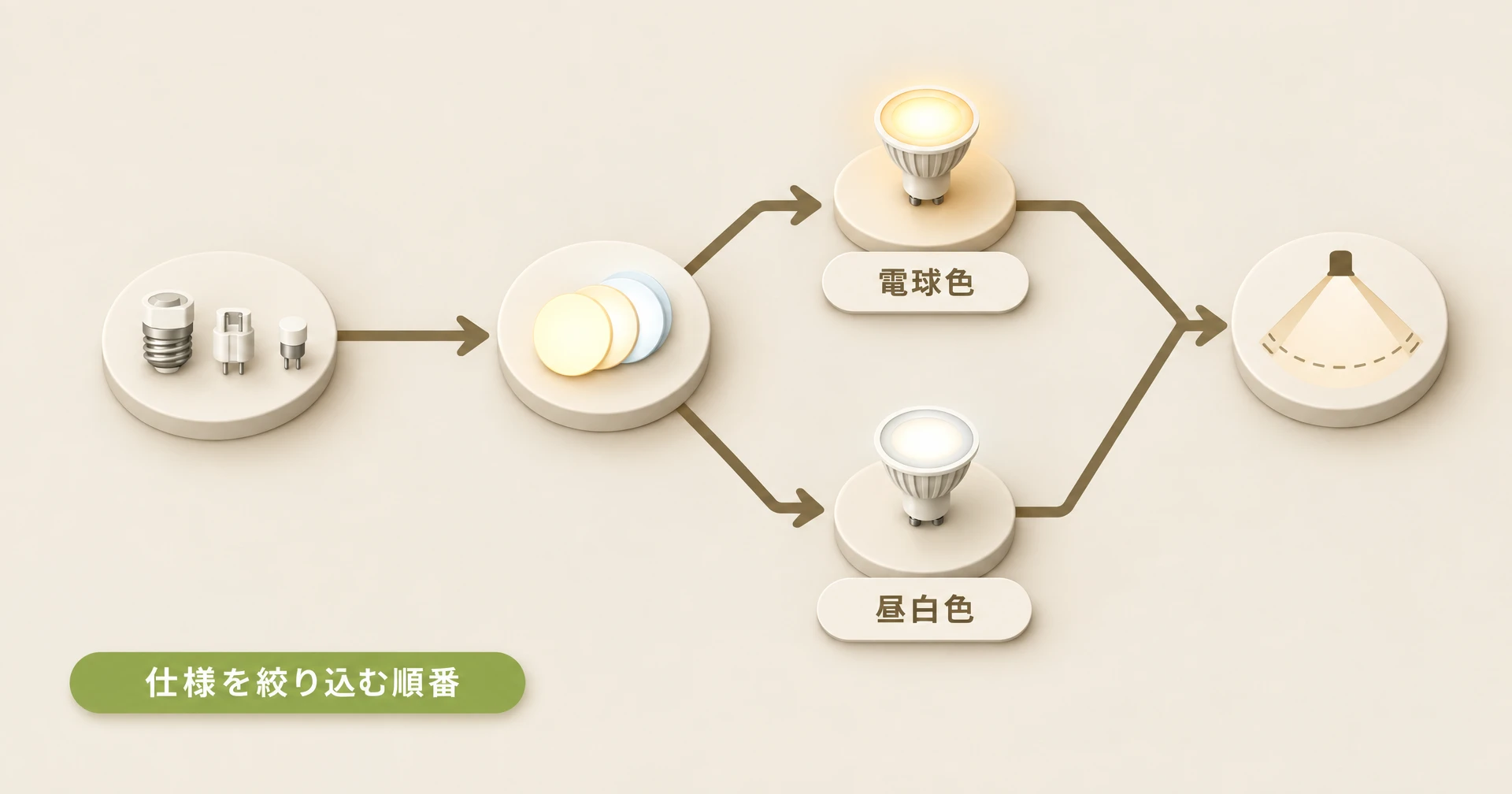口金・光色・配光の順に仕様を絞り込む流れと、電球色・昼白色・昼光色の使い分けを示す概念図